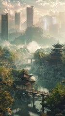 Wall Mural - A visually striking and realistic DSLR photograph of an ancient Chinese landscape with modern elements integrated