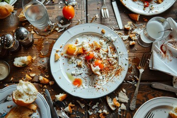 Wall Mural - The remains of food in plates, crumbs on the table after lunch or dinner.