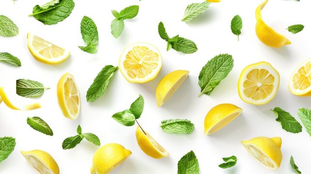 Set of fresh lemons with leaves, lemons in water, background