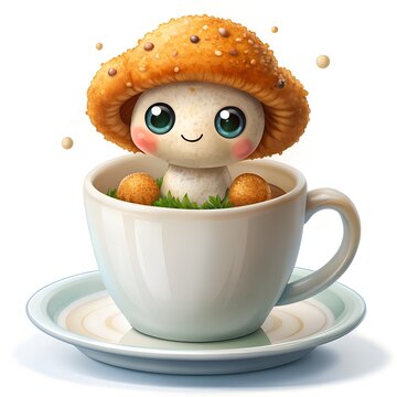 Create a cute sentient fried mushroom digital art diving into a cup of ranch