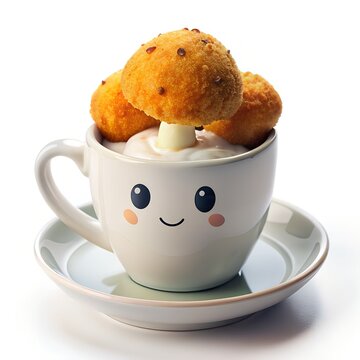 Create a cute sentient fried mushroom digital art diving into a cup of ranch