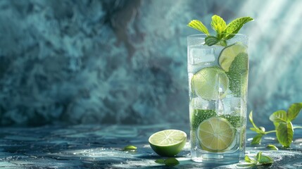 Wall Mural - Mojito cocktail with lime and mint in highball glass on a dark stone background