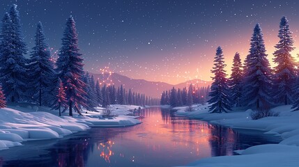 A serene winter landscape with snow-covered trees and a calm river, enhanced with faint, glowing atomic particles, blending the cold beauty of nature with the warmth of scientific wonder. Flat color