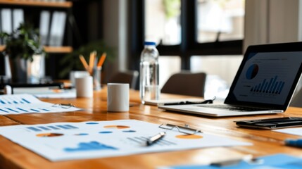 Aufkleber - A conference room table with documents and laptops showing various business graphs and charts, representing strategic planning
