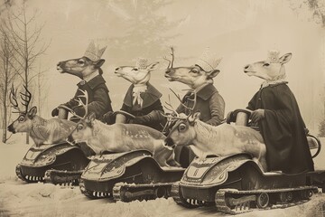 Wall Mural - Funny retro photograph of reindeer snowmobiles dressed in victorian era clothing, sepia tones