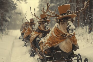 Wall Mural - Funny retro photograph of reindeer snowmobiles dressed in victorian era clothing, sepia tones