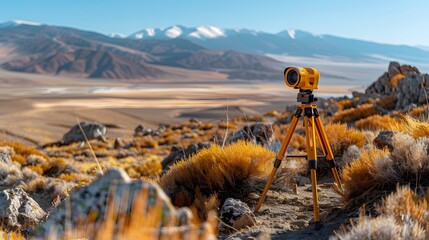 A yellow and orange total station on a tripod is placed in the middle of an open field, with mountains visible far away. The background has brown grasses and rocks, creating a natural landscape.