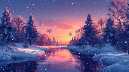 A serene winter landscape with snow-covered trees and a calm river, enhanced with faint, glowing atomic particles, blending the cold beauty of nature with the warmth of scientific wonder. Flat color