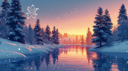 Wall Mural - A serene winter landscape with snow-covered trees and a calm river, enhanced with faint, glowing atomic particles, blending the cold beauty of nature with the warmth of scientific wonder. Flat color