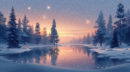 Wall Mural - A serene winter landscape with snow-covered trees and a calm river, enhanced with faint, glowing atomic particles, blending the cold beauty of nature with the warmth of scientific wonder. Flat color