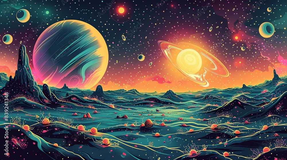 A flat design of an alien planet with multiple moons, showing tiny ...