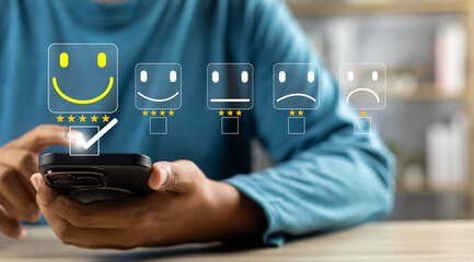Canvas Print - Users rate service experiences on online application for customer feedback and satisfaction for enhanced service, Quality service evaluation Through customer satisfaction surveys on online platforms.
