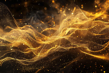 Poster - Gold textured particles flow in waves on a black background