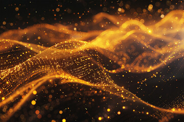Poster - Gold textured particles flow in waves on a black background