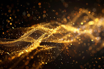 Poster - Gold textured particles flow in waves on a black background