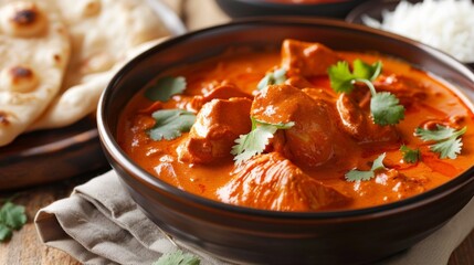 A delicious bowl of creamy butter chicken curry, simmered in a rich tomato and butter sauce, served with naan bread