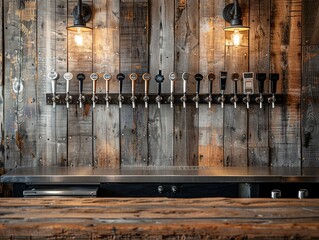 Wall Mural - Shiny Silver Beer Taps in a Rustic Bar Setting