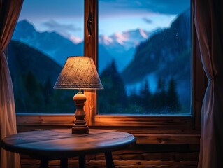 Poster - view of the moutains through wooden small country home, a round table lamp