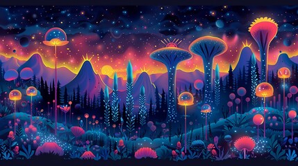 Wall Mural - A 2D flat color scene of an alien world with bioluminescent plants and strange, small life forms that resemble a mix of insects and microorganisms. Flat color illustration, shiny, Minimal and Simple,