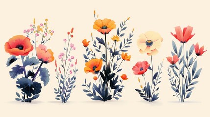 Naklejka na meble The image shows a set of watercolor-style flower illustrations