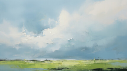 Sticker - Minimalist landscape art with cloudy sky and green field