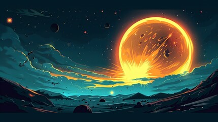 Wall Mural - A flat design of a star being consumed by a black hole, with tiny, strange life forms drifting in the intense gravitational field. Flat color illustration, shiny, Minimal and Simple,