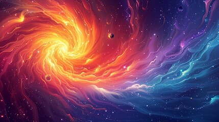 Wall Mural - A colorful depiction of a supernova remnant with swirling gases and light, featuring tiny, bizarre life forms floating in the expanding shockwave. Flat color illustration, shiny, Minimal and Simple,