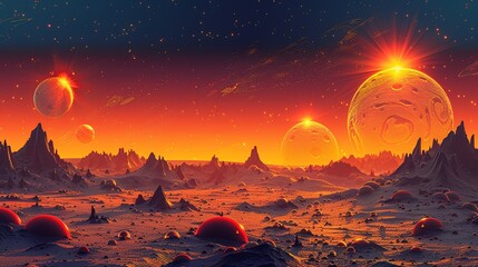 Wall Mural - A 2D flat color scene of an alien desert planet with multiple suns, featuring peculiar, small life forms that resemble a mix of insects and microorganisms. Flat color illustration, shiny, Minimal and