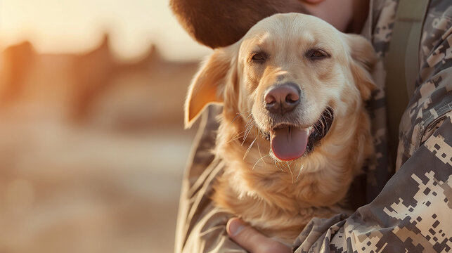 a soldier returning home to their pet, who excitedly jumps into their arms with wagging tails and ha