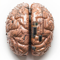 Wall Mural - A brain with wires and circuits attached to it. The brain is split in half, with the left side being the more prominent