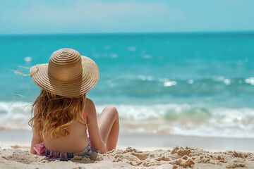 girl wearing beach hat sitting on the beach, blue sky, blue sea