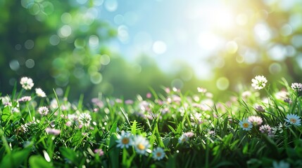 Wall Mural - Beautiful sunny spring meadow with green grass and blue sky. Abstract background with light bokeh and space for text