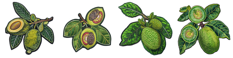 Wall Mural - Feijoa  realistic colourfully embroidered patch embroidered patch badge Hyperrealistic Highly Detailed Isolated On Transparent Background Png File