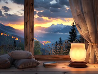 Poster - view of the moutains through wooden small country home, a round table lamp