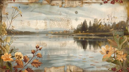 Poster - Vintage Inspired Lake View with Ephemera Border retro