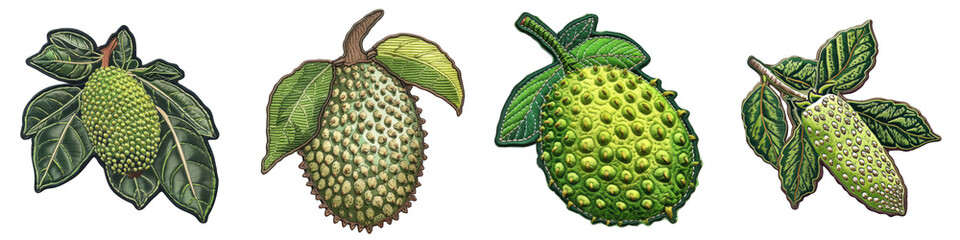 Wall Mural - Soursop realistic colourfully embroidered patch embroidered patch badge  Hyperrealistic Highly Detailed Isolated On Transparent Background Png File