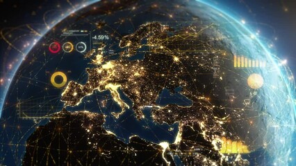 digital grid over planet earth surface at night . futuristic connection network covers europe. numbe