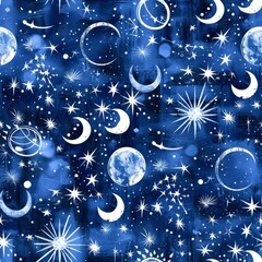 Wall Mural - Enchanting Midnight Blue Celestial Patterns with Moons and Stars