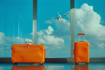 Two orange suitcases on an airport runway with an airplane taking off against a backdrop of blue sky and clouds.