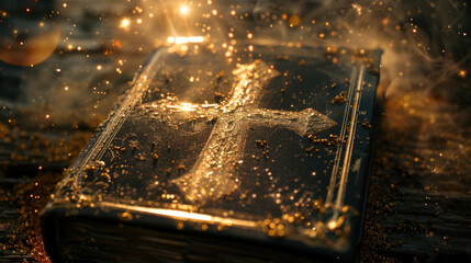 Holy Bible with glowing cross on cover