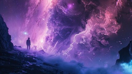 Wall Mural - Person standing on a rocky outcrop, gazing at a vast, cosmic nebula. The scene is dominated by purple and blue hues, with the nebula displaying a mix of pink and white light