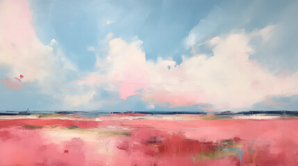 Wall Mural - A minimalist landscape painting featuring a vast, pink sky with white clouds against a horizon of pink grass