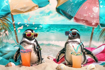 Poster - penguins lounging at a luxurious beach resort.