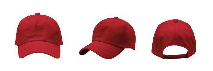 Wall Mural - Three views of an red baseball cap, highlighting its design and details, suitable for fashion and accessory presentations isolated on transparent background cutout png