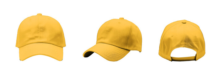 Wall Mural - Three views of an yellow baseball cap, highlighting its design and details, suitable for fashion and accessory presentations isolated on transparent background cutout png