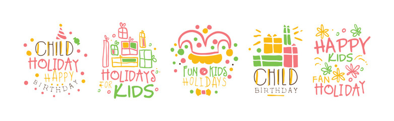 Wall Mural - Kids Birthday and Holiday Party Entertainment Promo Signs Vector Set