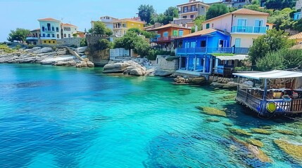 Wall Mural - A Quaint Coastal Village Nestled Along The Aegean Sea on a Sunny Summer Day. Generative AI