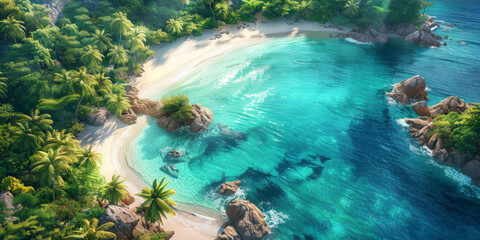 Wall Mural - A beautiful blue ocean with a sandy beach and palm trees in the background