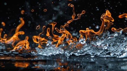 Poster - Fire flames and water on black background