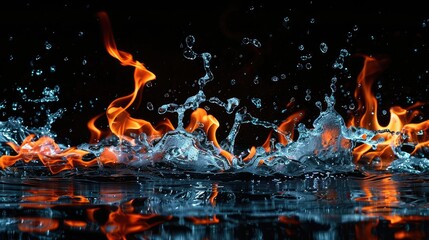 Poster - Fire flames and water on black background